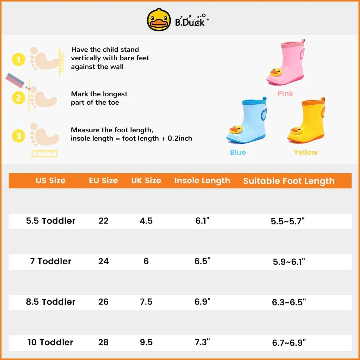 B.Duck Kids Rain Boots for Boys Girls Waterproof Toddler Cartoon Garden Boots