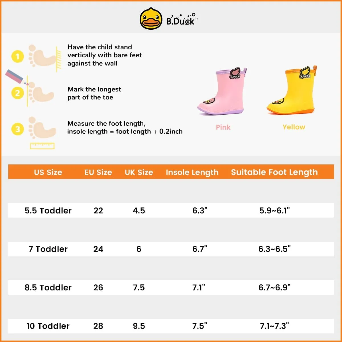 B.Duck Kids Rain Boots for Boys Girls Waterproof Toddler Cartoon Garden Boots