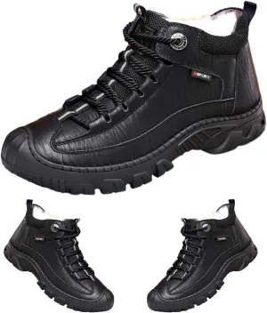 DevilAngel Men's Fleekcomfy Snowy Villi Leather Ankle Boots, Fleece Thick Lace-Up Low Top Snow Boots, Outdoor Non-Slip Hiking Boots. (black,8)