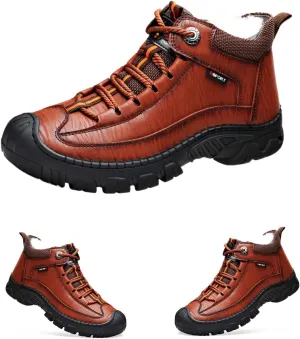 DevilAngel Men's Fleekcomfy Snowy Villi Leather Ankle Boots, Fleece Thick Lace-Up Low Top Snow Boots, Outdoor Non-Slip Hiking Boots. (Brown,12)