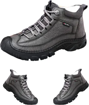 DevilAngel Men's Fleekcomfy Snowy Villi Leather Ankle Boots, Fleece Thick Lace-Up Low Top Snow Boots, Outdoor Non-Slip Hiking Boots. (Grey,9)