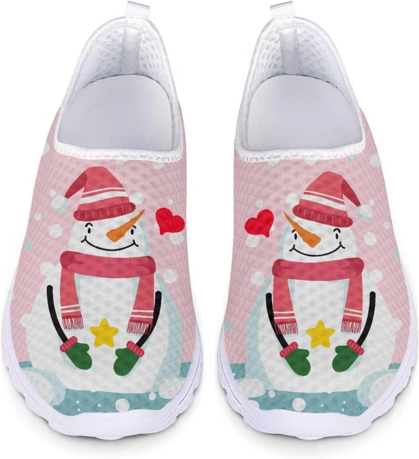 HUIACONG Cute Snowman Girl Running Shoes Christmas Women Slip-On Sneaker Size 5.5 Ladies Breathable Flats Light Weight Nonslip Trainer for Trekking Jogging