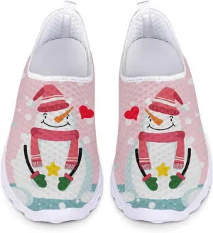 HUIACONG Cute Snowman Girl Running Shoes Christmas Women Slip-On Sneaker Size 5.5 Ladies Breathable Flats Light Weight Nonslip Trainer for Trekking Jogging
