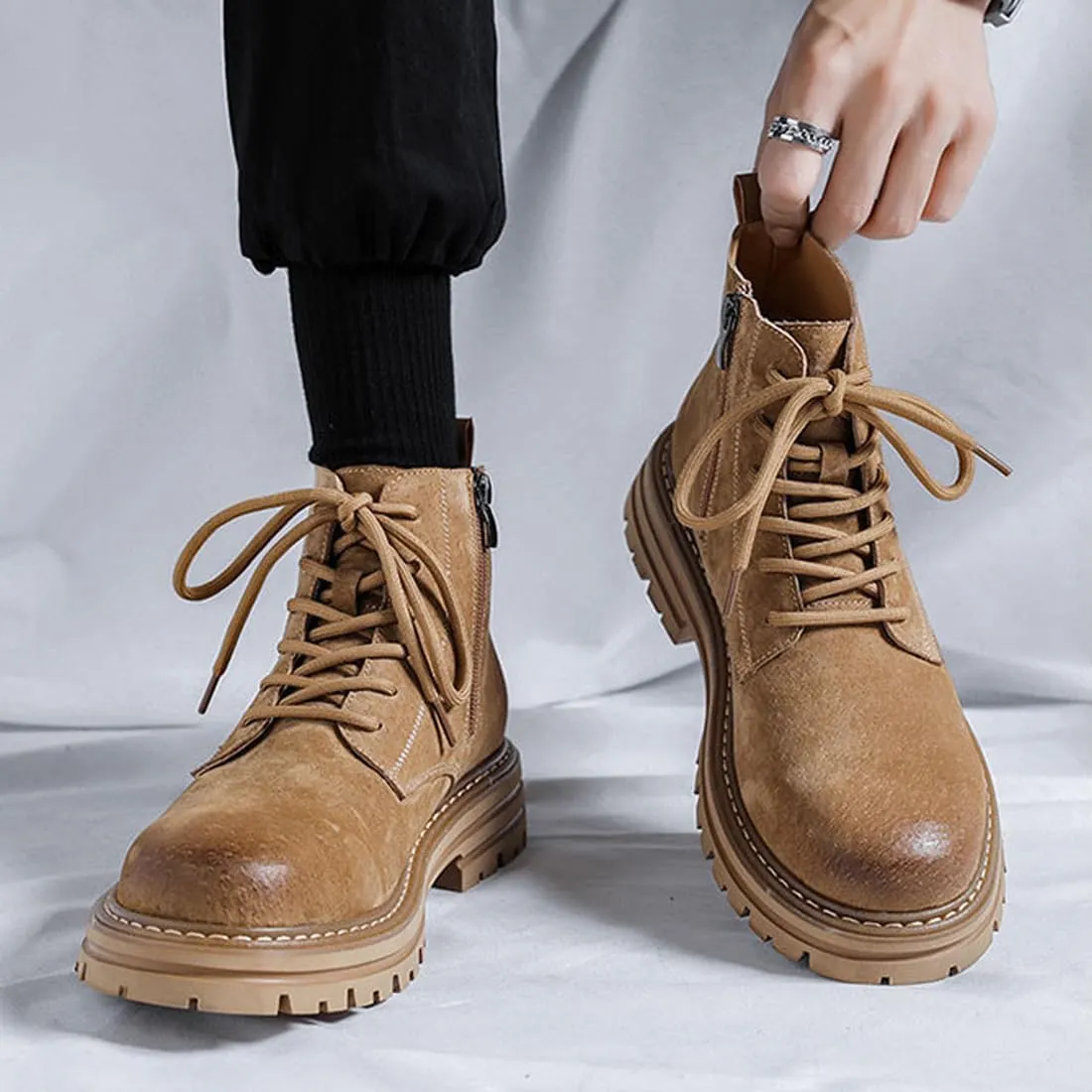Men's Lace-up Fashion Boots Waterproof Full Grain Leather Chelsea Boot,Men Slip Resistant Service Boots Motorcycle Casual Side Zip Ankle Boots Mid-Top Dress Oxford Work Bootie