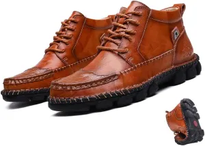 Mens Soft Leather Lace-Up Loafers Mid Top Vintage Hand Stitching Ankle Chukka Boots Outdoor Non-Slip Work Trekking Shoes