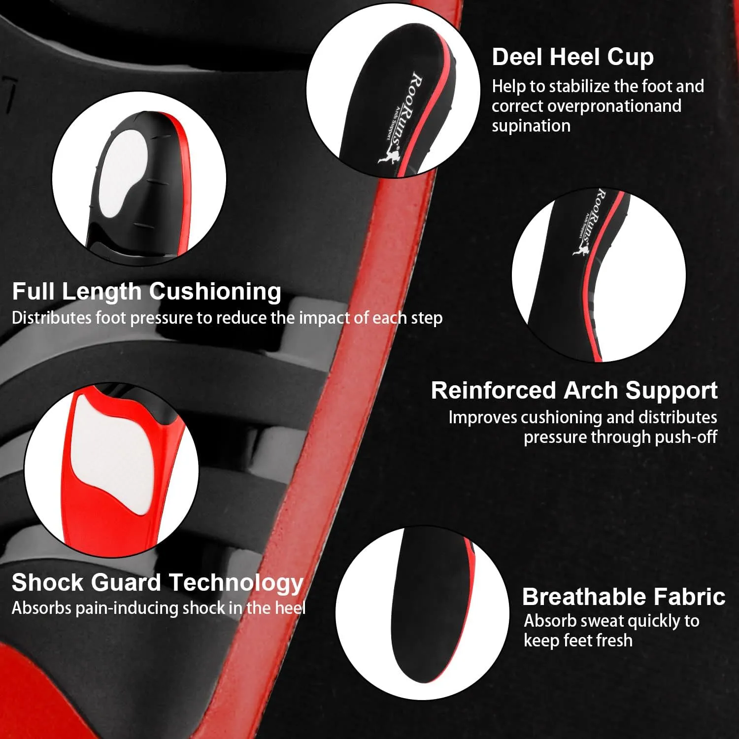 Plantar Fasciitis Insoles, RooRuns 280  lbs High Arch Support Flat Feet Orthotics Inserts, Soft Pain Relief Dynamic Support Release Hurt Perfect for Heavy Duty Working Running Walking