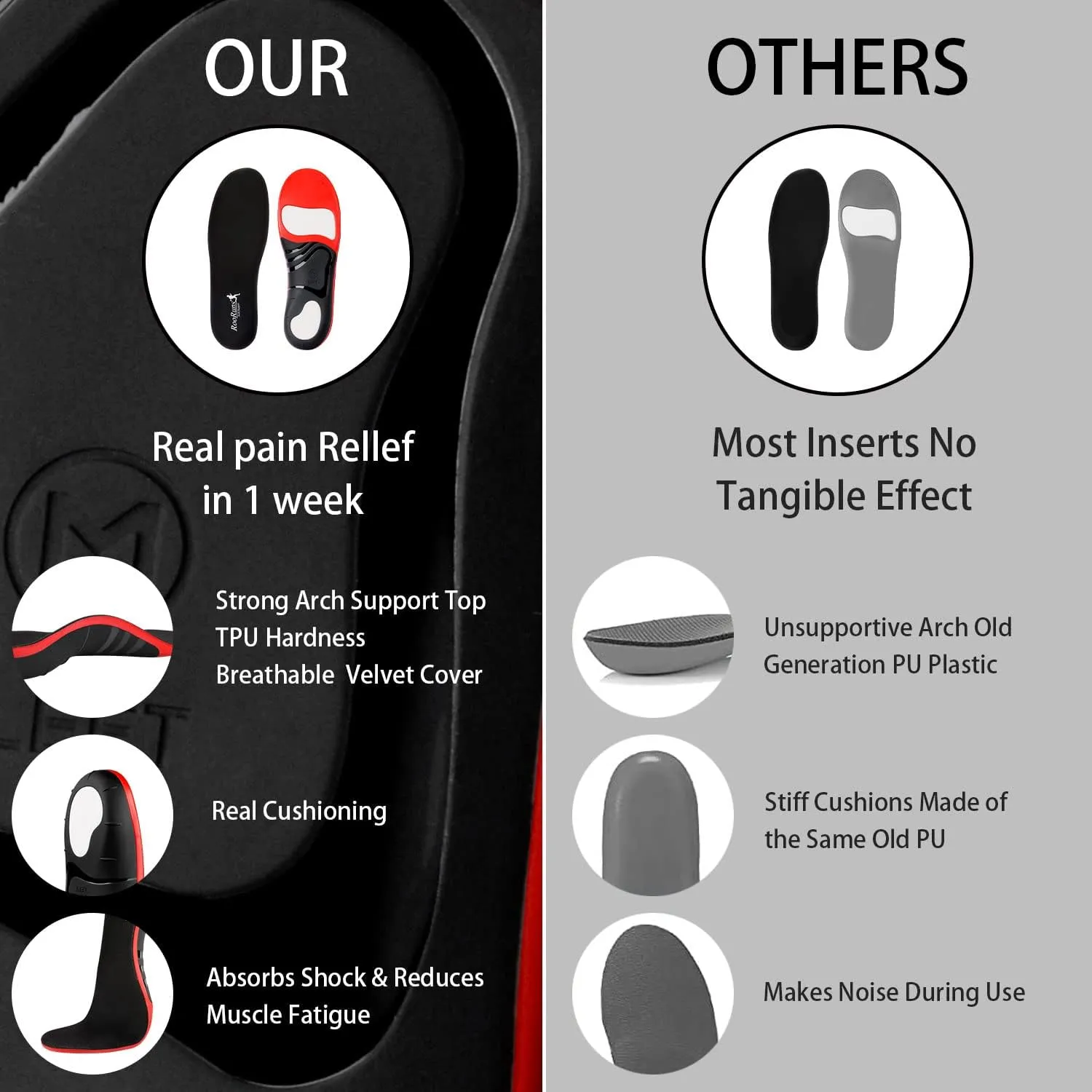 Plantar Fasciitis Insoles, RooRuns 280  lbs High Arch Support Flat Feet Orthotics Inserts, Soft Pain Relief Dynamic Support Release Hurt Perfect for Heavy Duty Working Running Walking