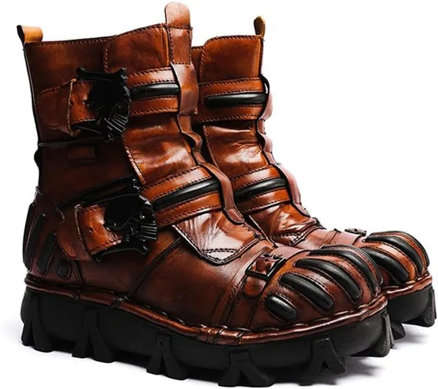 Vintage Skull Leather Mid-Top Boots, Fashion Outdoor Military Ankle Lace-Up Hiking Shoes