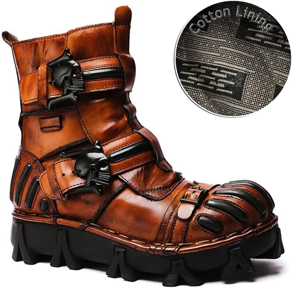 Vintage Skull Leather Mid-Top Boots, Fashion Outdoor Military Ankle Lace-Up Hiking Shoes