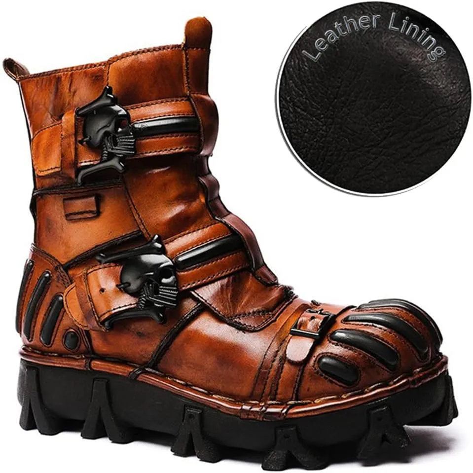 Vintage Skull Leather Mid-Top Boots, Fashion Outdoor Military Ankle Lace-Up Hiking Shoes